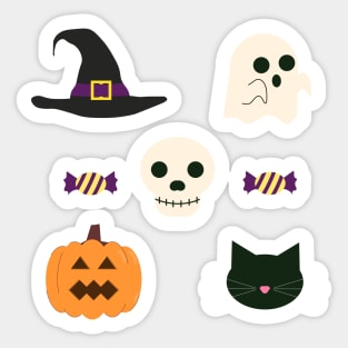 Cute Halloween Design with Ghost, Pumpkin, Skull, Cat, and Witch Hat Sticker